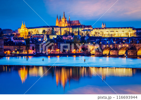 View of Charles Bridge and Prague Castle in twilight View of Charles Bridge and Prague Castle in twilight 116693944