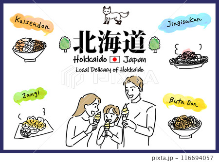 北海道のご当地グルメと家族のシンプル線画 北海道のご当地グルメと家族のシンプル線画 116694057
