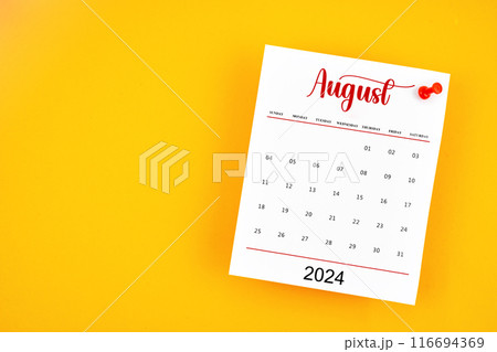 August 2024 calendar page with red push pin on yellow. 116694369