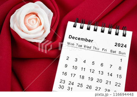 December 2024 desk calendar and pink rose on red textile. 116694448