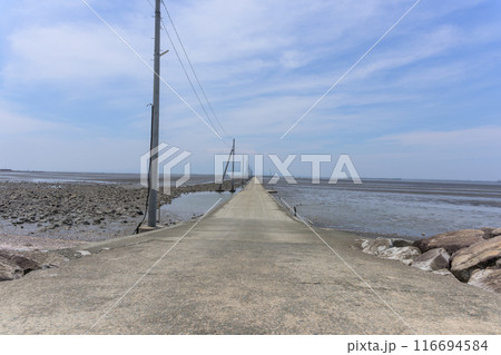 海の中へひたすらつづく道から観える風景　観光スポット　長部田海床路（ながべたかいしょうろ）宇土市住吉 116694584