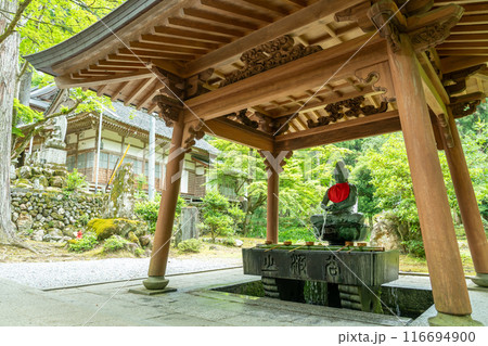 岐阜県揖斐川町　新緑の谷汲山華厳寺の参道にある手水 116694900