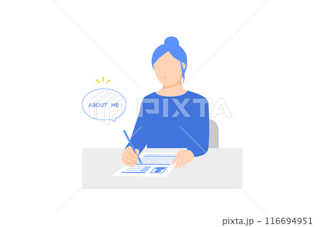 履歴書の作成をする女性のイラスト-就職活動の面接準備をする新卒生 116694951