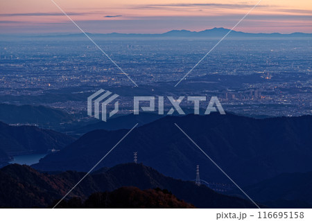 丹沢・塔ノ岳から夜明けの筑波山と関東平野の町並み 116695158