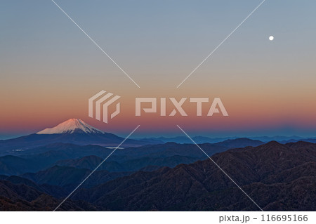 丹沢・塔ノ岳から朝焼けの富士山と満月 116695166
