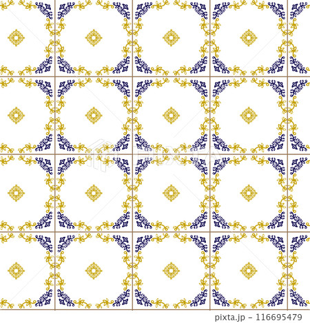 Azuleyo seamless pattern yellow and blue ornament.Portugal geometric ceramics. Azuleyo seamless pattern yellow and blue ornament.Portugal geometric ceramics. 116695479