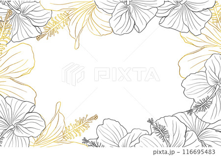 Hibiscus flower frame boarder for design of card, wedding invite, scrapbook. Line art black ink and golden hand drawn tropical floral background. Hibiscus flower frame boarder for design of card, wedding invite, scrapbook. Line art black ink and golden hand drawn tropical floral background. 116695483