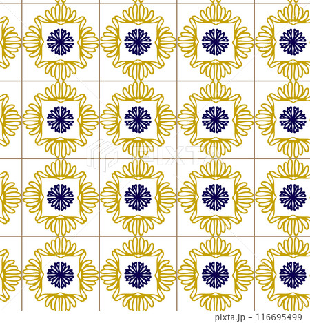 Azuleyo seamless pattern yellow and blue ornament.Portugal geometric ceramics. 116695499
