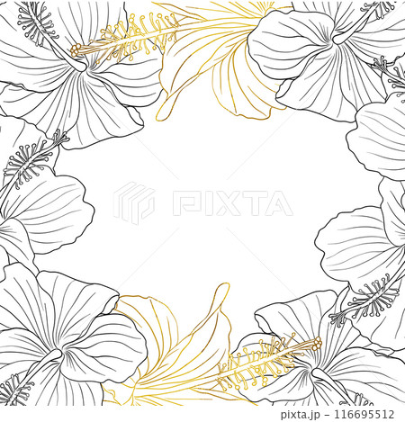 Hibiscus flower frame boarder for design of card, wedding invite, scrapbook. Line art black ink and golden hand drawn tropical floral background. 116695512