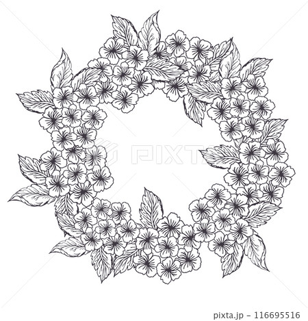 Spring floral circle wreath with hydrangea flower. Line art little flower with leaves for card or invite 116695516