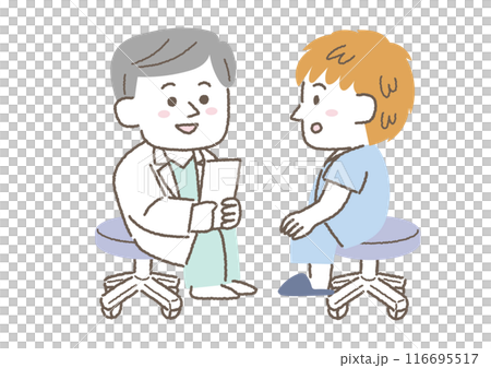 健康診断で医師から話を聞いている男性 116695517