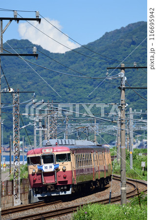 米山を背景に走るえちごトキめき鉄道観光急行 116695942