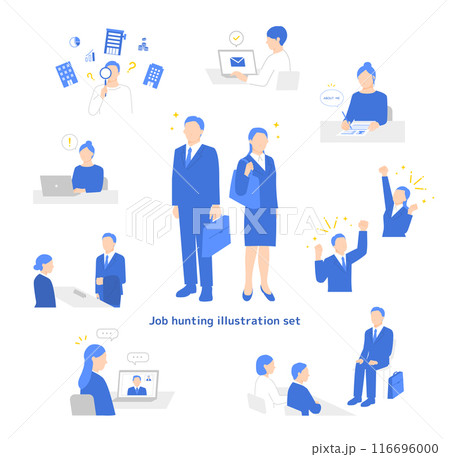 就職活動をする新卒生のイラストセット-リクルートのビジネスシーン 就職活動をする新卒生のイラストセット-リクルートのビジネスシーン 116696000
