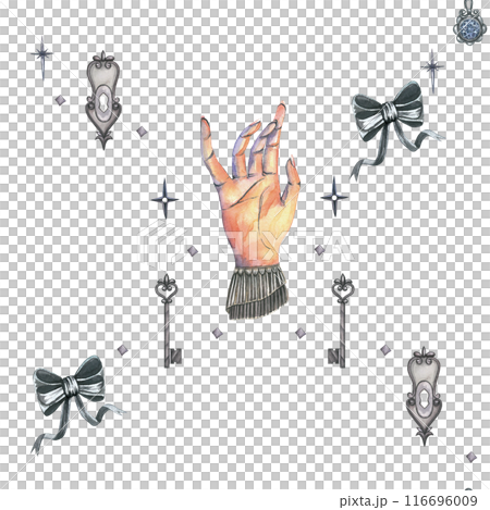 Watercolor seamless pattern of hand, keyhole and key.Hand drawn, isolated on white background Watercolor seamless pattern of hand, keyhole and key.Hand drawn, isolated on white background 116696009