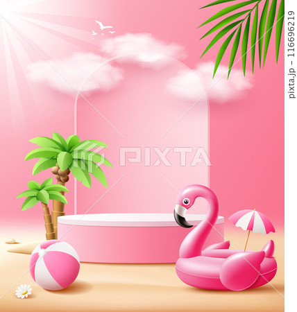 Summer podium display, Pink flamingo inflatable swimming pool, coconut trees, pile of sand, beach ball Summer podium display, Pink flamingo inflatable swimming pool, coconut trees, pile of sand, beach ball 116696219