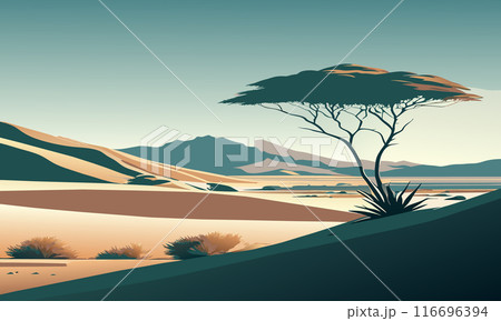 Lonely tree among the desert dunes, vector illustration. Lonely tree among the desert dunes, vector illustration. 116696394