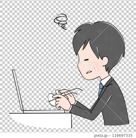 A man in a suit doing desk work takes off his glasses with a troubled look on his face 116697335