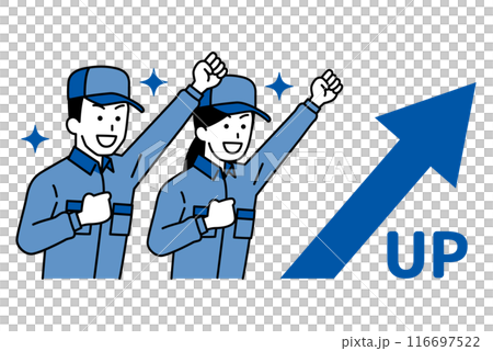 上昇する矢印とガッツポーズで喜ぶつなぎ作業服の男女 116697522