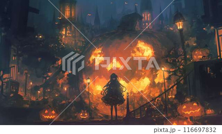 闇夜に浮かぶ巨大かぼちゃの街のイラスト素材 [116697832] - PIXTA