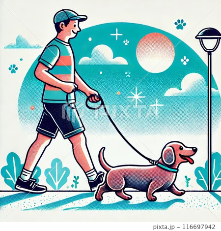 夜の涼しい時間帯に犬の散歩をする男性のイラスト 116697942