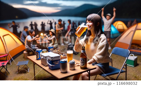 湖畔の夕暮れキャンプ 116698032