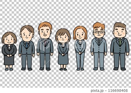 Full-body illustration of seven men and women in suits smiling 116698408