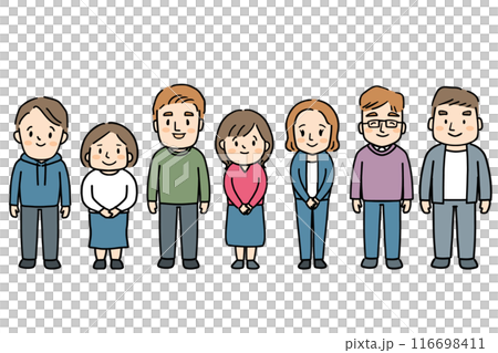 Full-body illustration of seven smiling men and women in casual clothes Full-body illustration of seven smiling men and women in casual clothes 116698411