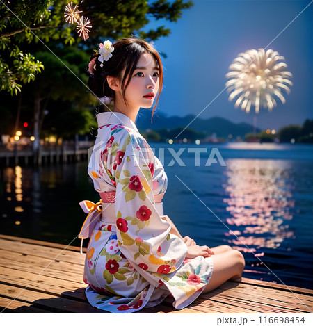 浴衣姿で夕涼みする女性 浴衣姿で夕涼みする女性 116698454