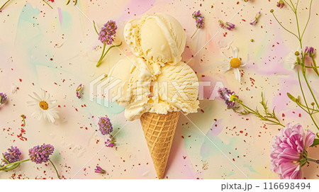 Scoops of ice cream in a waffle cones on a colorful background 116698494