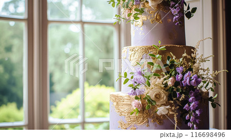 Wedding table decoration with lavender flowers, sweets, cake and candles 116698496