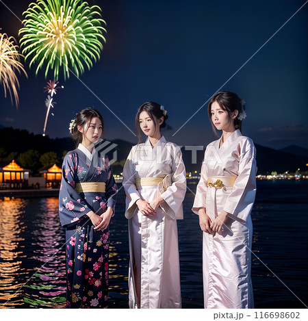 浴衣姿で夕涼みする女性 浴衣姿で夕涼みする女性 116698602