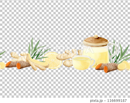 Ginger turmeric tea in glass teapot and cup watercolor seamless border isolated on white background. Hand drawn endless banner with healthy hot drink for traditional natural recipes and cafe menu Ginger turmeric tea in glass teapot and cup watercolor seamless border isolated on white background. Hand drawn endless banner with healthy hot drink for traditional natural recipes and cafe menu 116699187