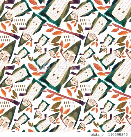 Watercolor seamless patern with autumn gnomes . Seasonal wrapping paper. Fall. Raster illustration for packaging, wallapers, wrapping paper, textile. White background 116699846