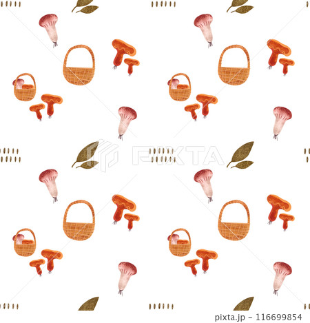 Watercolor seamless patern with autumn mushrooms and baskets. Seasonal wrapping paper. Fall. Raster illustration for packaging, wallapers, wrapping paper, textile. White background Watercolor seamless patern with autumn mushrooms and baskets. Seasonal wrapping paper. Fall. Raster illustration for packaging, wallapers, wrapping paper, textile. White background 116699854