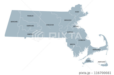 Massachusetts counties, gray political map. Commonwealth of Massachusetts, state in the New England region of Northeastern United States, subdivided into 14 counties. With boundaries and county names. Massachusetts counties, gray political map. Commonwealth of Massachusetts, state in the New England region of Northeastern United States, subdivided into 14 counties. With boundaries and county names. 116700081