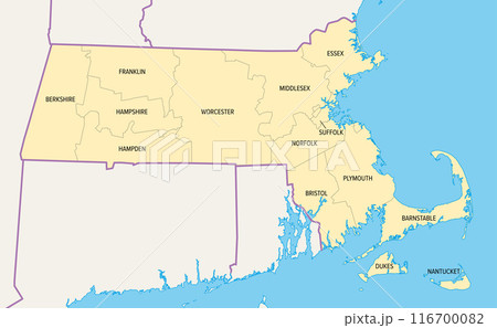 Massachusetts counties, political map. Commonwealth of Massachusetts, a state in the New England region of Northeastern United States, subdivided into 14 counties. With boundaries and county names. Massachusetts counties, political map. Commonwealth of Massachusetts, a state in the New England region of Northeastern United States, subdivided into 14 counties. With boundaries and county names. 116700082