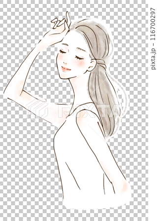 UV protection: Illustration of a woman with perfect UV protection measures, watercolor style 116700297