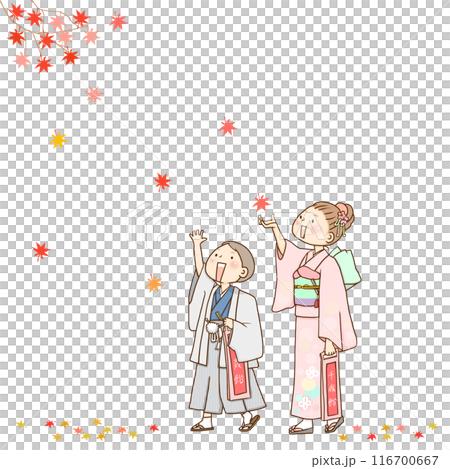 Children wearing Shichigosan kimonos and autumn leaves 116700667