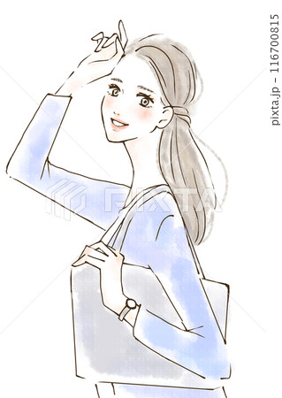 通勤する笑顔の女性のイラスト　ハイブリッド出社 116700815