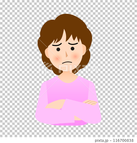 腕組みをして考え悩むパーマヘアの女性 腕組みをして考え悩むパーマヘアの女性 116700838