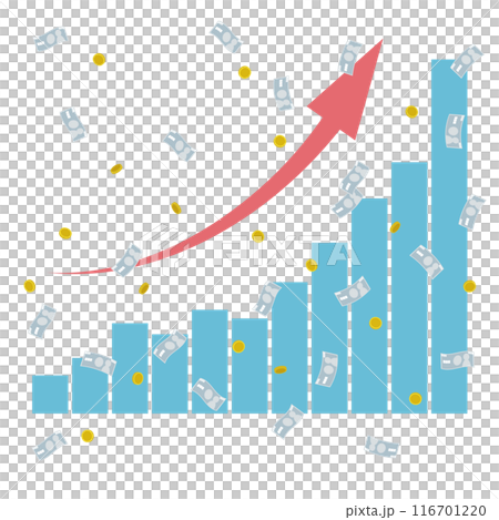上昇するグラフと舞い散るコイン、お札、お金のイラスト 上昇するグラフと舞い散るコイン、お札、お金のイラスト 116701220