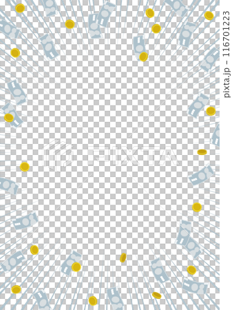 A4 portrait frame with a focus line background and money, coins, and bills flying around 116701223