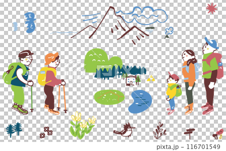 登山のためふもとに集まった登山客たち セットのストックイラスト素材 登山のためふもとに集まった登山客たち セットのストックイラスト素材 116701549