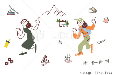 わくわく登山　日常生活の女性と登山支度した女性　セットのストックイラスト素材 116701553