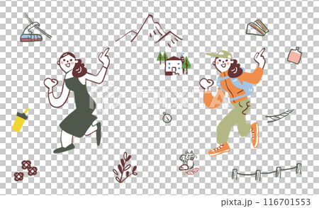 わくわく登山　日常生活の女性と登山支度した女性　セットのストックイラスト素材 116701553