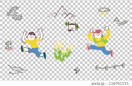 わくわく登山　日常生活の僕と登山支度したぼく　セットのストックイラスト素材 116701555