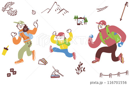 わくわく登山　登山するファミリー　セットのストックイラスト素材 116701556