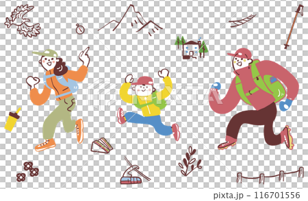 わくわく登山　登山するファミリー　セットのストックイラスト素材 116701556