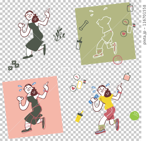 Stock illustration material of a set of women who are devoted to health management and dieting 116701558