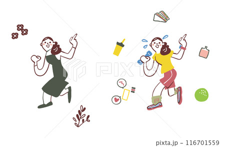 健康管理やダイエットにいそしむ女性　セットのストックイラスト素材 116701559